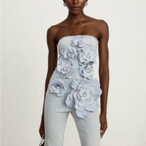 NWOT Denim Strapless Jumpsuit with Floral Appliqué